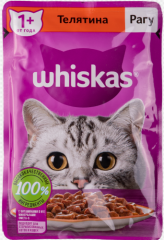 Корм WHISKAS для взрослых кошек желе с добавлением телятины 75 г.