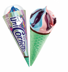 Мороженое CORNETTO Единорог молочное со вкусом клубника, Bubble Gum, чёрная смородина 73 г 5% рожок