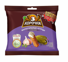 Сухарики ТРИ КОРОЧКИ пшенично-ржаные малосольные огурцы с соусом ТАР-ТАР 85 г